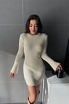 İspanyol Kol Bisiklet Yaka Triko Elbise -Taş-Açık Elbise-385-2966-R43