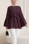 İspanyol Kol Taşlı Düğmeli Kemerli Cupra Tunik  -Mürdüm-Tunik-431-266530-R09