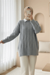Kabartma Desenli Yumoş Triko Kazak -Gri-Kazak-109-0943-R11