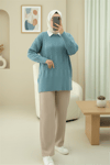 Kabartma Desenli Yumoş Triko Kazak  -Turkuaz-Kazak-109-0943-R19