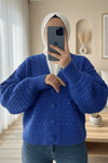 Kabartma Örgülü Düğmeli Triko Hırka  -Saks-Hırka-109-0260-R10