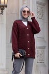 Kabartma Ponpon Detaylı Düğmeli Triko Hırka -Bordo