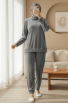Kabartma Yazılı Fransız Kadife Pijama Takımı -Gri-Pijama-416-59700-R11
