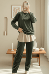 Kabartma Yazılı Fransız Kadife Pijama Takımı -Haki-Pijama-416-59700-R05