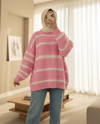 Kalın Çizgi Desenli Örme Triko Kazak -Pembe-Kazak-385-3559-R20