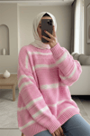 Kalın Çizgi Desenli Örme Triko Kazak -Pembe-Kazak-385-3559-R20