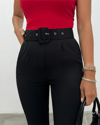 Kalın Kemerli Kumaş Pantalon  -Siyah-Pantolon-186-055-R01