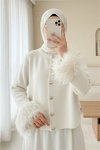 Kalp Düğmeli Kolu Saçaklı Triko Hırka -Bej-Hırka-307-07380-R56