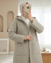 Kapşonlu Düğmeli Cepli Sakallı Kap  -Taş-Trençkot-349-8014-R43