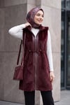 Kapşonlu Fermuarlı Cepli Beli Büzgülü Deri Detaylı Fox Yelek -Bordo