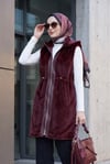 Kapşonlu Fermuarlı Cepli Beli Büzgülü Deri Detaylı Fox Yelek -Bordo