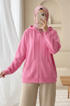 Kapşonlu Fermuarlı Cepli Penye Sweat  -Pembe-Sweatshirt-104-3293-R20