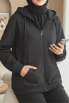 Kapşonlu Fermuarlı Cepli Penye Sweat -Siyah-Sweatshirt-104-3293-R01