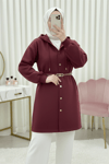 Kapşonlu Önü Çıtçıtlı Beli Kemerli Üç İplik Sweat Kap -Bordo-Trençkot-349-5295-R04
