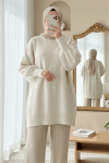 Kare Desenli Yırtmaçlı Yumoş Triko Tunik -Ekru-Tunik-295-4510-R07