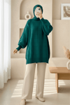 Kare Desenli Yırtmaçlı Yumoş Triko Tunik  -Zümrüt-Kazak-295-4510-R17