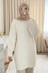 Kare Desenli Yırtmaçlı Yumoş Triko Tunik   -Krem-Kazak-295-4510-R28