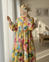 Karışık Desen Yarım Düğmeli Kolu Lastikli Elbise -Sarı-Elbise-197-67868-R22