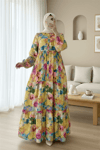Karışık Desen Yarım Düğmeli Kolu Lastikli Elbise -Sarı-Elbise-197-67868-R22