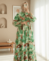 Karışık Desen Yarım Düğmeli Kolu Lastikli Elbise -Yeşil-Elbise-197-67868-R35