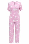 Karışık Figür Desenli  V Yaka Önü Fiyonklu Kısa Kol Penye Pijama Takımı -Pembe
