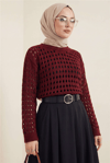 Kayık Yaka Ajurlu Triko Kazak -Bordo-Kazak-109-0987-R04
