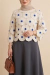 Kayık Yaka Papatya Desenli Triko Bluz  -Saks-Bluz-364-6048-R10