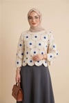 Kayık Yaka Papatya Desenli Triko Bluz  -Saks-Bluz-364-6048-R10