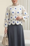 Kayık Yaka Papatya Desenli Triko Bluz  -Saks-Bluz-364-6048-R10