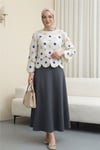 Kayık Yaka Papatya Desenli Triko Bluz  -Saks-Bluz-364-6048-R10