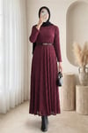 Kemerli Astarlı Güpür Dantel Elbise -Bordo-Elbise-426-5280-R04