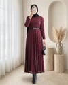 Kemerli Astarlı Güpür Dantel Elbise -Bordo-Elbise-426-5280-R04