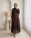 Kemerli Astarlı Güpür Dantel Elbise -K. Kahve-Elbise-426-5280-R54