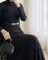 Kemerli Astarlı Güpür Dantel Elbise -Siyah-Elbise-426-5280-R01