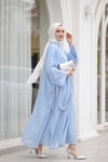 Kemerli İçlikli Taş Detaylı Astarlı Flam Tül Abaya Takım -Bebe Mavi