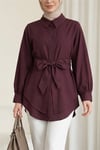 Kendinden Kuşaklı Poplin Tunik -Mürdüm-Tunik-307-0105-R09
