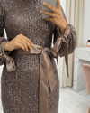 Kesme Boncuklu Şerit Payet Kemerli Abiye  -Açık Kahve-Abiye-316-4677-R76
