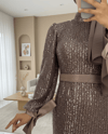 Kesme Boncuklu Şerit Payet Kemerli Abiye  -Açık Kahve-Abiye-316-4677-R76