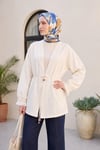 Kol Manşeti Dantel Püsküllü Beli Bağcıklı Keten Görünümlü Kimono -Ekru