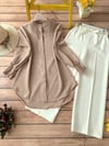 Gömlek-Kol Manşeti Drapeli Oval Kesim Gömlek     -Vizon-349-4033-R23