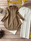 Kol Manşeti Drapeli Oval Kesim Gömlek           -Açık Kahve-Tunik-349-4033-R76