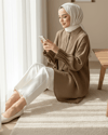 Kol Manşeti Drapeli Oval Kesim Gömlek           -Açık Kahve-Tunik-349-4033-R76