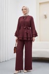 Kol Manşeti Volanlı Bol Paça Pantolonlu Kemerli Jakarlı Gofre Takım -Bordo-Takım-407-3928-R04