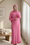 Kolları Düğmeli Eteği Fırfırlı Triko Elbise -Pembe-Elbise-295-016-R20