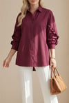 Kolları Fırfırlı Düğmeli Poplin Gömlek -Bordo-Gömlek-120-1640-R04