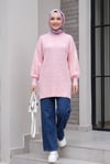 Kolları İnci Detaylı Desenli Salaş Triko Tunik  -Pembe