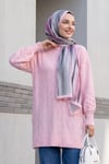 Kolları İnci Detaylı Desenli Salaş Triko Tunik  -Pembe