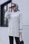 Kolları İnci Detaylı Desenli Salaş Triko Tunik  -Açık Gri