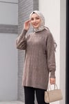 Kolları İnci Detaylı Desenli Salaş Triko Tunik  -Açık Kahverengi