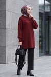 Kolları İnci Detaylı Desenli Salaş Triko Tunik  -Bordo